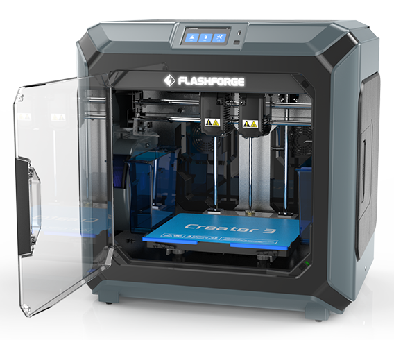 FlashForge Creator 3 3D Printer is shown, with the door open